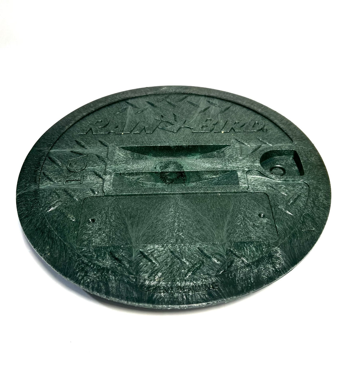 Top view of Rain Bird green replacement lid for 10 inch round valve box