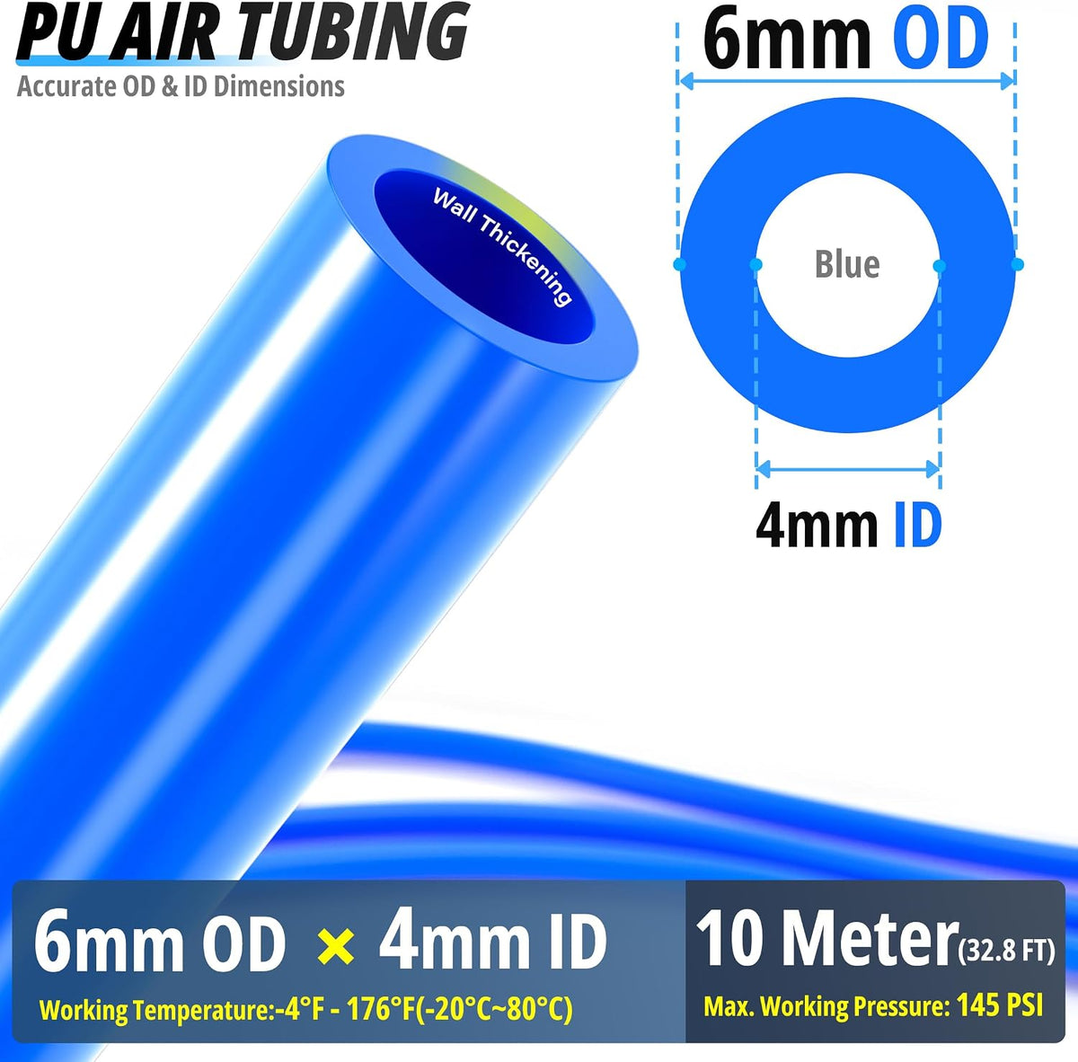 TAILONZ blue 6 mm OD × 4 mm ID polyurethane airline tubing size diagram