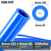 TAILONZ blue 8 mm OD × 5 mm ID polyurethane airline tubing size diagram