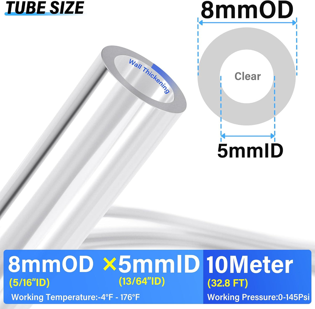 TAILONZ clear 8 mm OD × 5 mm ID polyurethane airline tubing size diagram