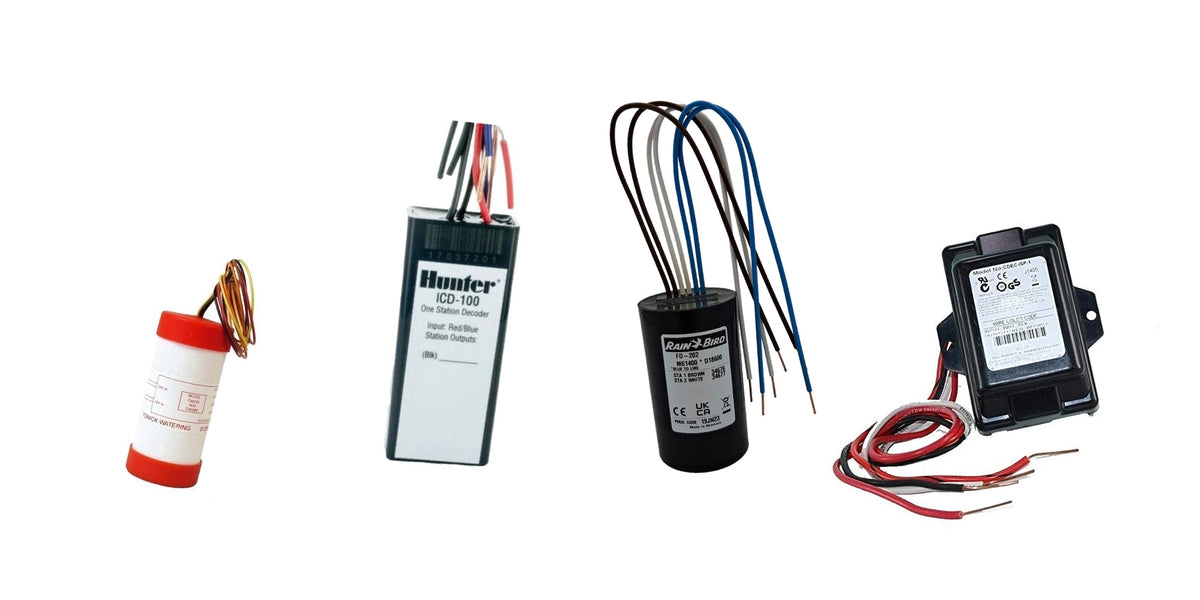 Real Tonick, Hunter, Rain Bird and Toro irrigation decoders arranged together